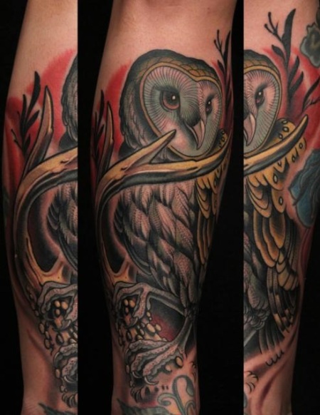black and white owl tattoos. Tattoo by Jason Vaughn.